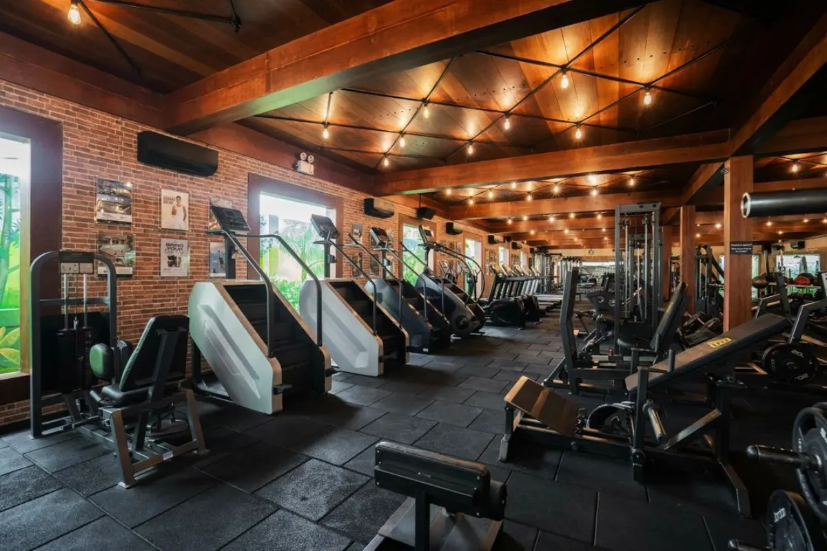 Modern gym in Canggu, Bali with fitness equipment and outdoor training area